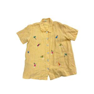 VTG Focus Medium- Yellow 100% Linen Button-Up Shirt W/ Tropical Embroidery
